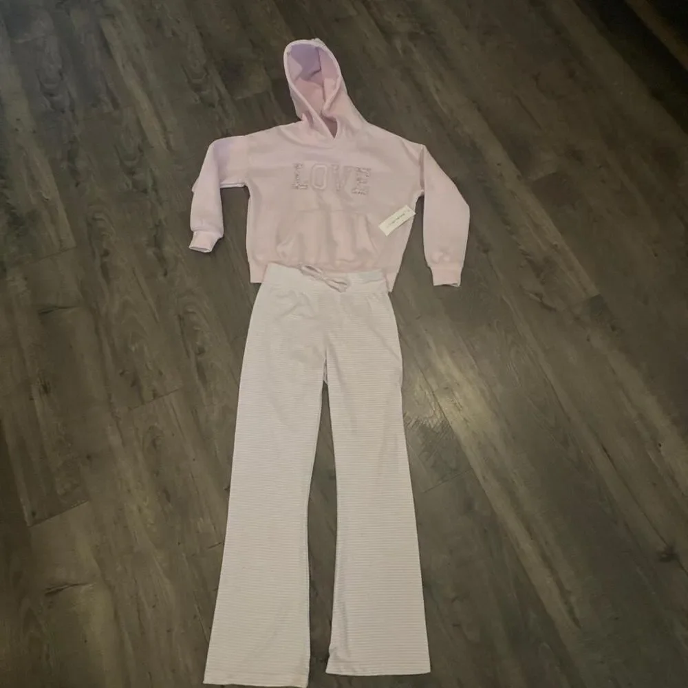 Free For All Girls Pink White Tracksuit Set Hoodie Flare Sweatpants SZ MD 10/12